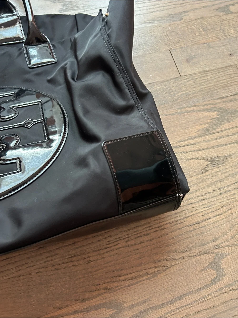 Tory Burch Black Nylon Tote with Glossy Patent Logo